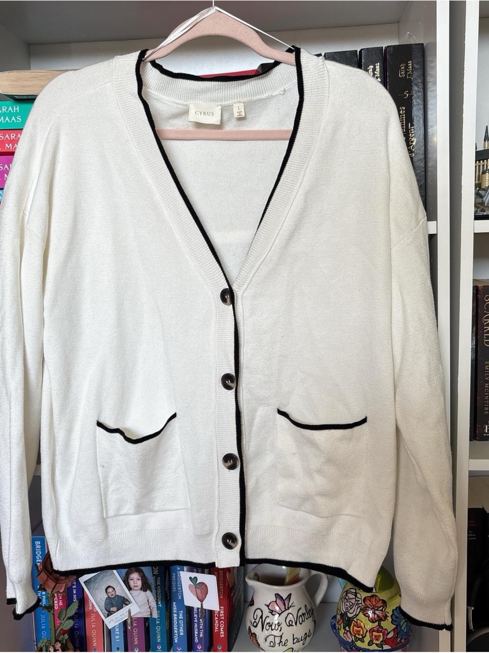 Cyrus Cream Button Cardigan with Black Trim
